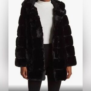 BCBG Max Azaria Large, Black Faux Fur Coat. Has pockets and Hood